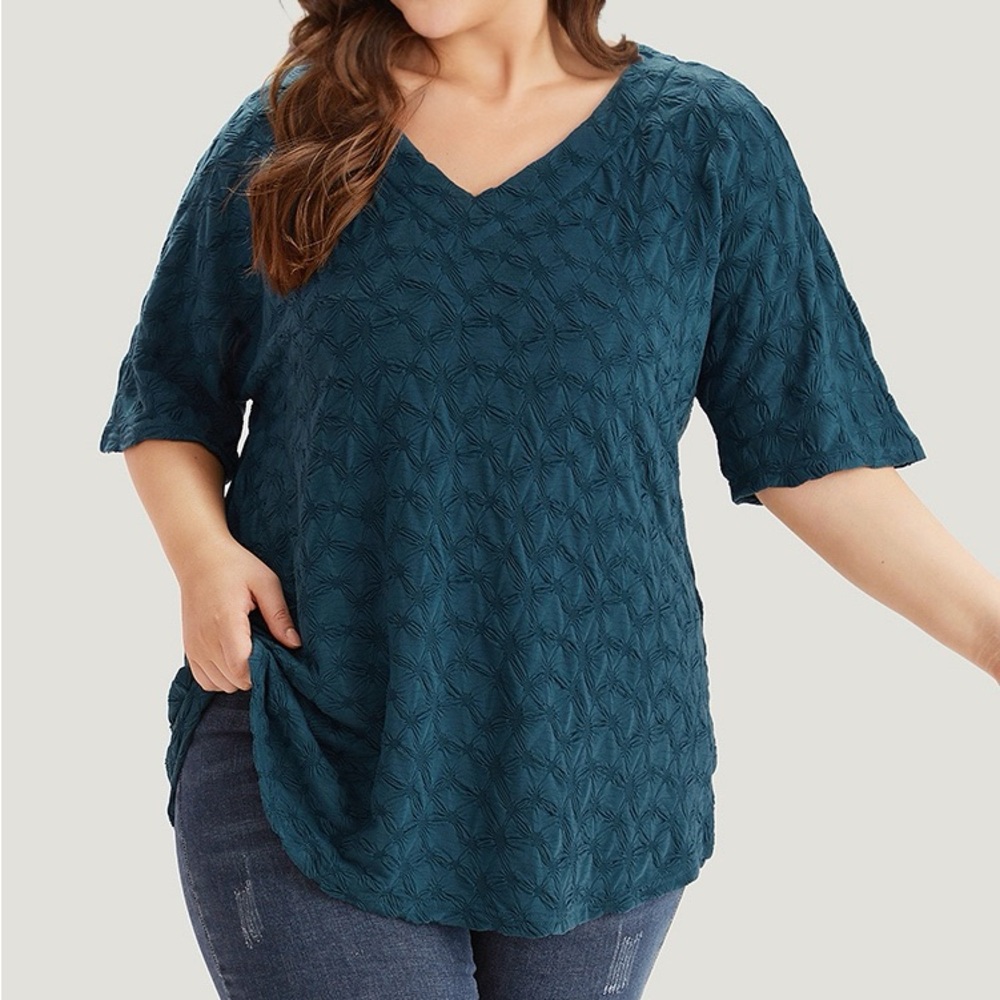 BloomChic Teal V-Neck Women's Textured Short Sleeve Top Plus Size 4X